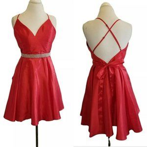 Womens Red Satin Fit N Flare Formal Dress Size 10 Jrs L Spaghetti Strap Low‎ Cut